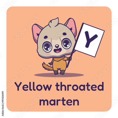 Cute yellow throated marten holding flag with letter A for fun educational purposes, illustrations