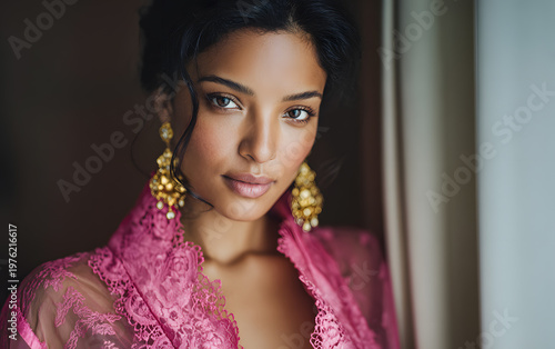 Atmospheric portrait of a woman in evening attire gazing through a window during golden hour.