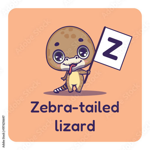 Cute zebra tailed lizard holding flag with letter Z for fun educational purposes, illustrations