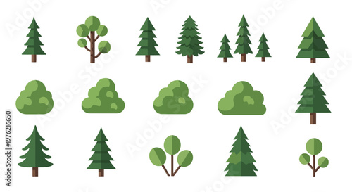 Various green trees and shrubs icons.