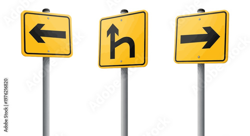 Three Yellow Directional Road Signs.