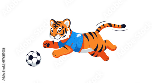 Tiger playing soccer with ball.
