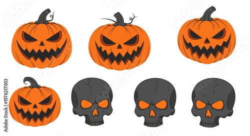 Halloween pumpkins and skulls decorations.