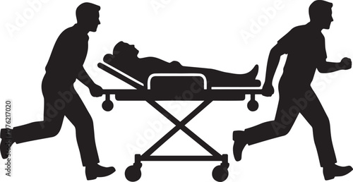 Medical emergency silhouette showing two paramedics running and pushing a patient on a hospital stretcher gurney for healthcare first aid urgent care rescue and medicine industry digital asset design.