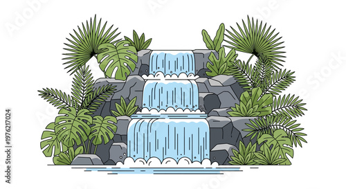Waterfall with multiple tiers flowing.
