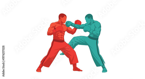 Two boxers fighting in colorful gloves.