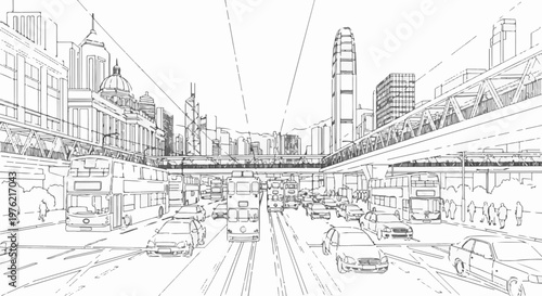 Bustling city street scene with trams, buses, cars, and tall buildings