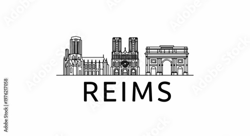 Black and white line art skyline of famous buildings and arch with text