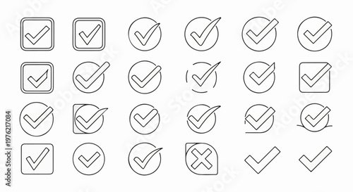 Collection of various stylized checkmark icons in circles and squares