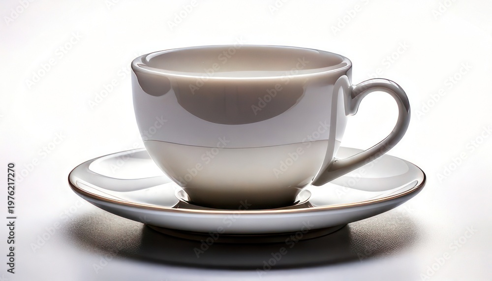 Fototapeta premium Elegant white teacup and saucer filled with creamy milk.