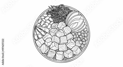 Black and white line drawing of a colorful poke bowl with fish, rice, and vegetables