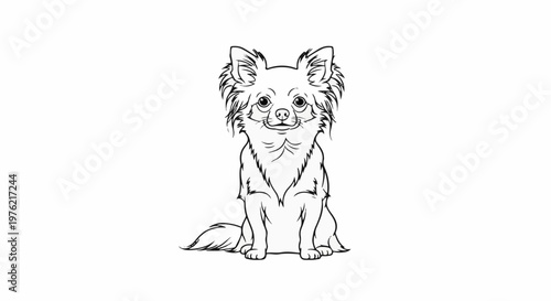 Black and white line drawing of a fluffy dog sitting