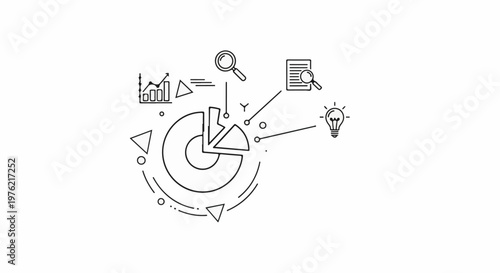 Conceptual diagram with pie chart, bar graph, magnifying glass, and lightbulb