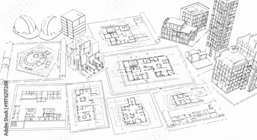 Architectural blueprints and construction plans with hard hats and building models
