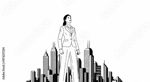 Confident businesswoman stands tall against city skyline