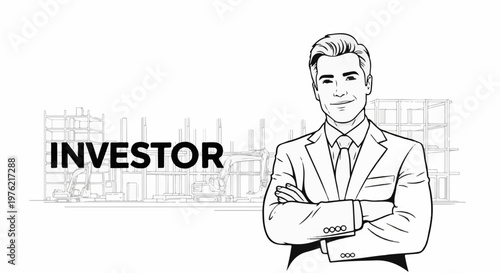 Confident businessman in suit with arms crossed against construction background
