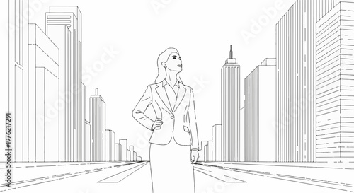 Confident woman in business suit stands on street between tall buildings