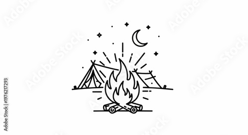 Camping scene at night with a campfire, tents, and starry sky