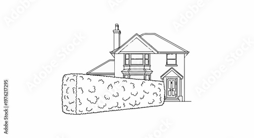 Black and white line drawing of a house with a hedge in front