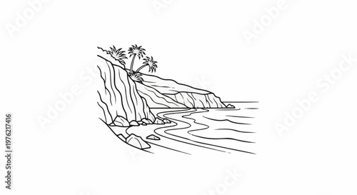 Black and white line drawing of a rugged coastal cliff with palm trees and gentle waves