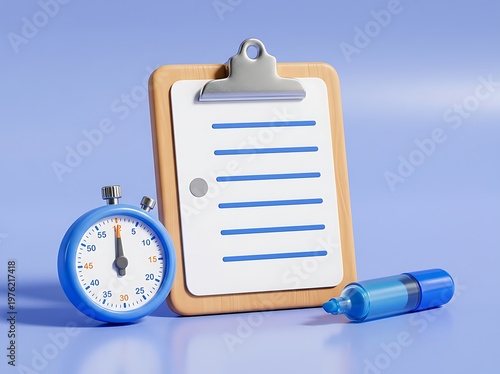 Blue clipboard with blank paper and stopwatch with pen on blue background  office supplies for time management and organization