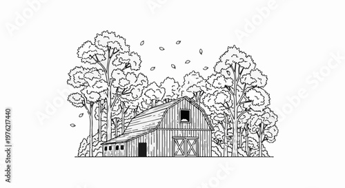 Black and white line drawing of a rustic barn nestled among autumn trees