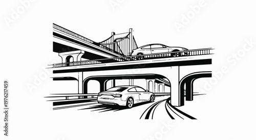 Cars drive on multi-level bridges and underpasses in a stylized black and white illustration