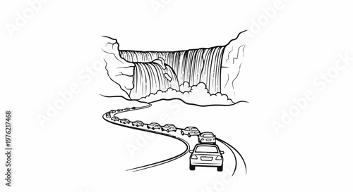 Cars lined up on a winding road approaching a large waterfall