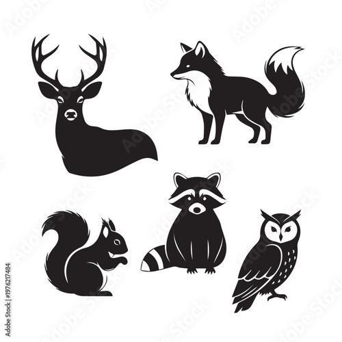Woodland Animals Silhouette Set with Deer Fox Raccoon Squirrel and Owl
