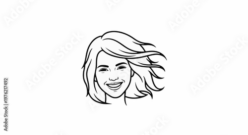 Black and white line drawing of a smiling woman's face with windblown hair