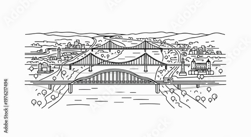 Artistic linear depiction of a city skyline with multiple bridges over a river
