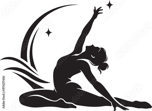 Elegant Silhouette of a Woman Practicing Yoga and Stretching with Celestial Moon and Stars Elements