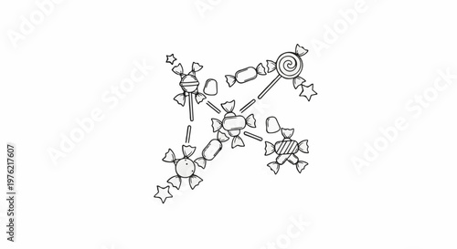 Black and white line drawing of assorted candies and stars in a scattered arrangement