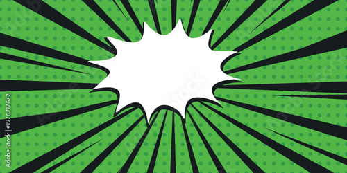 Green comic explosion background with puff clouds, lightning bolts, and halftone elements. Dynamic and playful design for storytelling and energetic visuals.