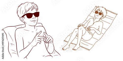 Vector mini set of a teenager in sunglasses on the beach. - Young boy relaxing in sunglasses on a lounge chair by the pool  