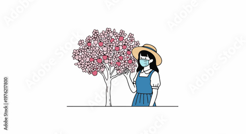 Cartoon girl in straw hat, mask, and blue dress picks fruit from a pink tree