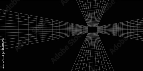 Futuristic perspective grid box. Abstract wireframe with white grid line on black background. Virtual reality landscape in 80s 90s digital style. Vector