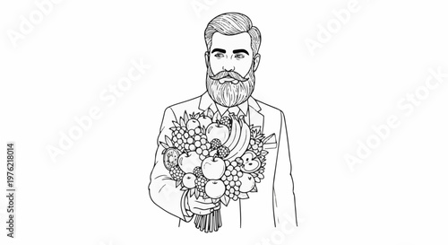 Bearded man in a suit holding a bountiful bouquet of assorted fruits