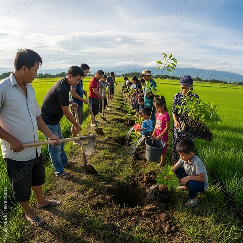 Community Planting Trees in Rural Landscape for Environmental Sustainability.