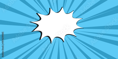 Pop art halftone background. Comic starburst pattern. Blue banner with star speech bubble. Vintage duotone texture. Gradient wow design. Cartoon superhero print. Vector illustration.