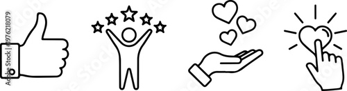 Social media interaction icon set, like, emotion, customer satisfaction, favorite symbol and positive feedback elements isolated on white background eps