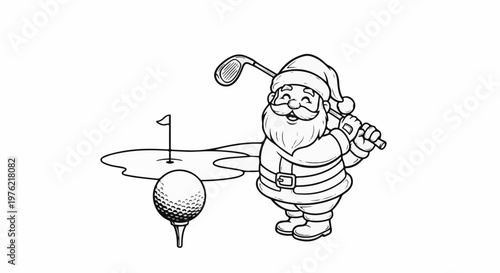 Cartoon Santa Claus plays golf on the green, preparing to swing