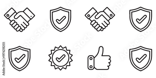 Business trust and security icon set featuring handshakes, shields, and thumbs up