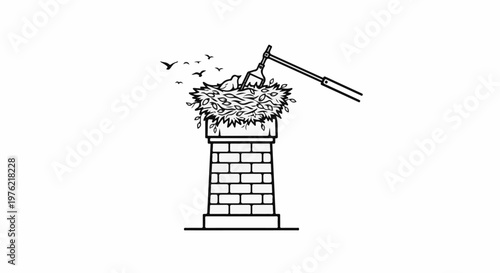 Birds building nest on brick structure with tool