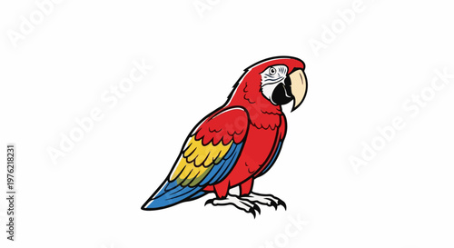 Cartoon scarlet macaw perched, vibrant red, yellow, and blue feathers