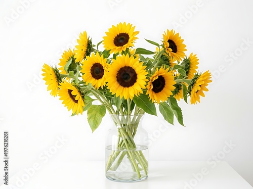Bright yellow sunflowers in a clear glass vase on white table and background  beautiful flowers for decoration  sunny bouquet