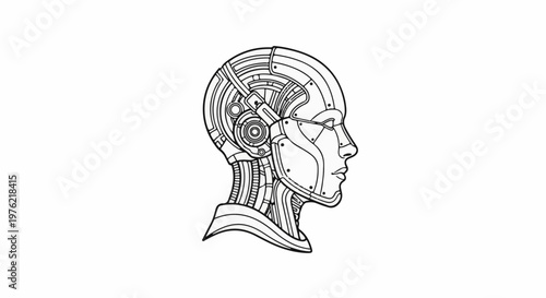Detailed line art of a robotic head profile, showing mechanical components