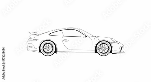 Detailed line art of a sporty coupe with a prominent rear spoiler