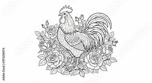 Detailed line art of a proud rooster standing among lush roses and buds