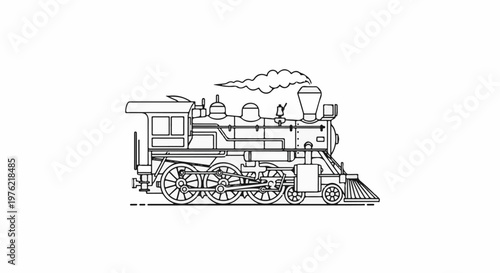 Detailed line art of a vintage steam locomotive with smoke trailing from its chimney